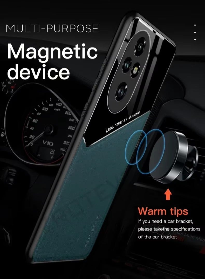 Case Compatible With Honor 200 Pro 5G, Cover Luxury Leather And Glass With Car Magnetic Holder Phone Cover Soft Frame Silicone - Blue - Image 2