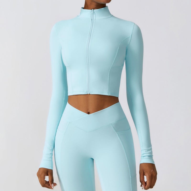 Generic Winter Quick-drying Long-sleeved Yoga Suit Jacket Zipper Running Sports Outer Wear Tight-fitting Naked Fashion Fitness Suit 8355 Light blue [78% nylon + 22% spandex] 