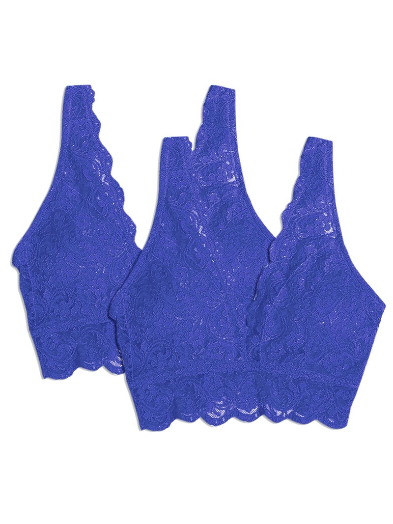 Wirefree Soft Bra: Royal Blue Large Full-Coverage Cups - No Wire Wide Non-Rolling Below-Bust Brim Slim Fit Lace Bra for Women Yoga Sleep Daily Wear - Image 1