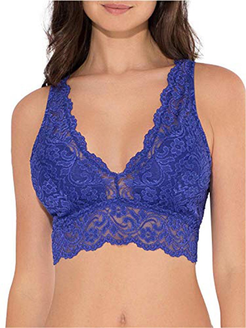 Wirefree Soft Bra: Royal Blue Large Full-Coverage Cups - No Wire Wide Non-Rolling Below-Bust Brim Slim Fit Lace Bra for Women Yoga Sleep Daily Wear - Image 5