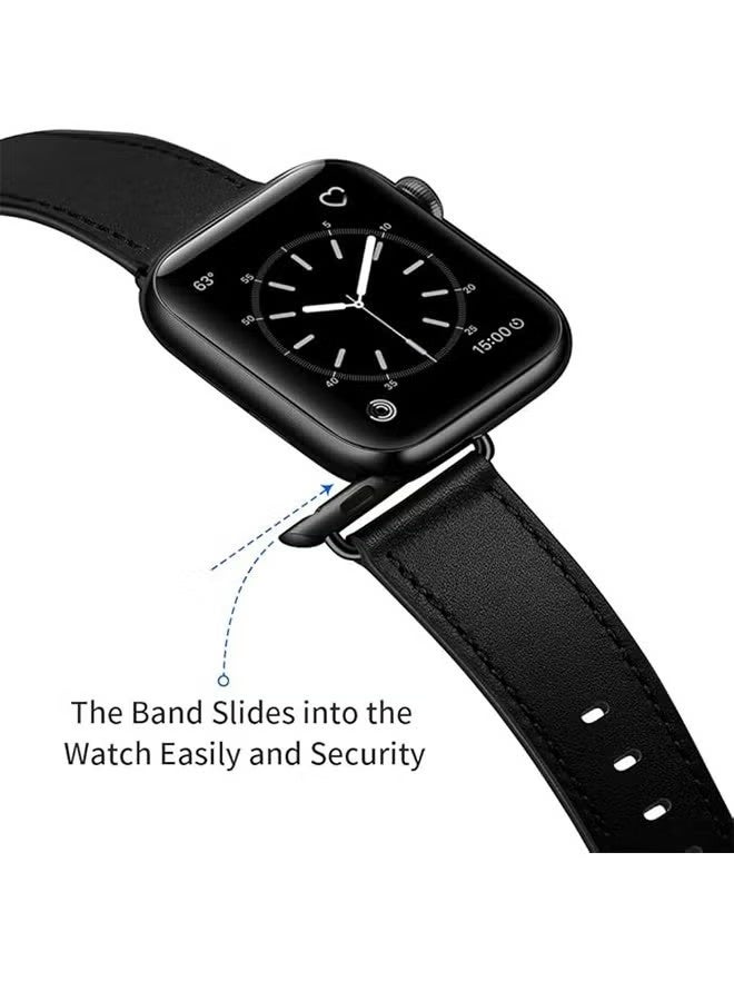 Happy D Compatible Apple Watch Band 49mm/46mm/45mm/44mm/42mm, Genuine Leather Watch Band Replacement Band Compatible with Apple Watch Ultra 2/1 Series 10/9/8/7/6/5/4/3/2/1/SE, Black/Black Ack - Image 4