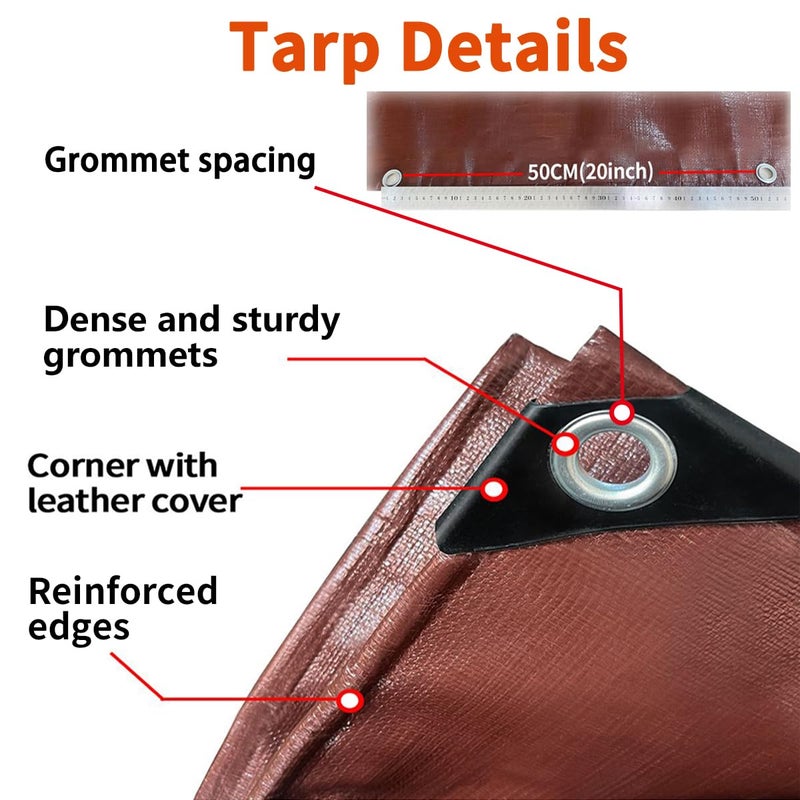 WUPUSDER Tarps Heavy Duty Waterproof 12x12ft, 16Mil Poly Tarps with Grommets, UV Resistant, Brown Multipurpose Tarpaulin with Reinforced Edges, Camping, Outdoor Coverings - Image 3