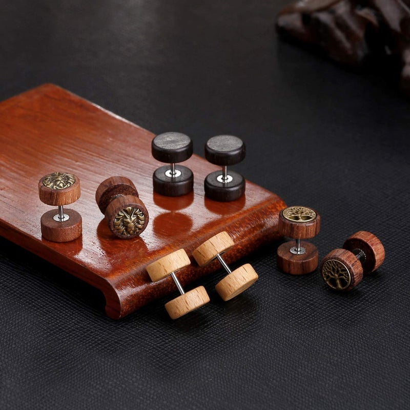 JOVIVI 8 Pairs 18G/16G Wood Faux Gauges Earrings For Men Women Punk Stainless Steel Turquoise Barbell Stud Earrings Fake Flesh Ear Tunnels Expander Plugs 00G Gauge Look - Image 2