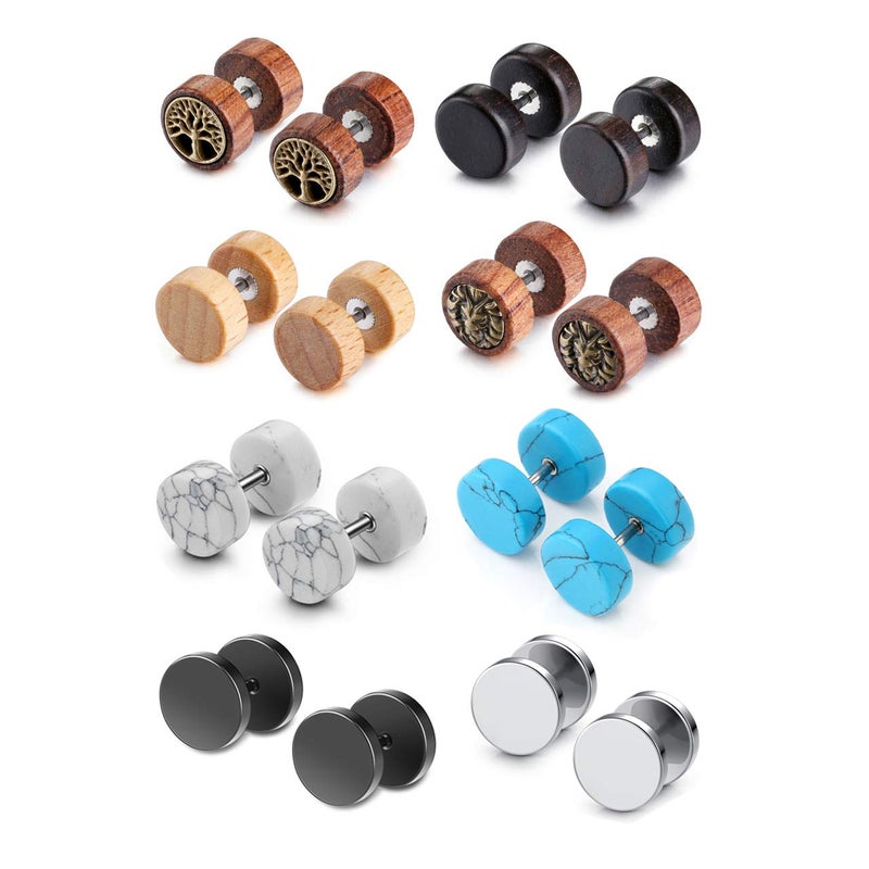 JOVIVI 8 Pairs 18G/16G Wood Faux Gauges Earrings For Men Women Punk Stainless Steel Turquoise Barbell Stud Earrings Fake Flesh Ear Tunnels Expander Plugs 00G Gauge Look - Image 1