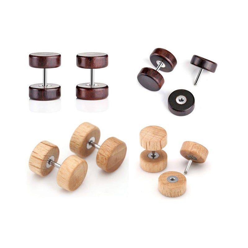 JOVIVI 8 Pairs 18G/16G Wood Faux Gauges Earrings For Men Women Punk Stainless Steel Turquoise Barbell Stud Earrings Fake Flesh Ear Tunnels Expander Plugs 00G Gauge Look - Image 3
