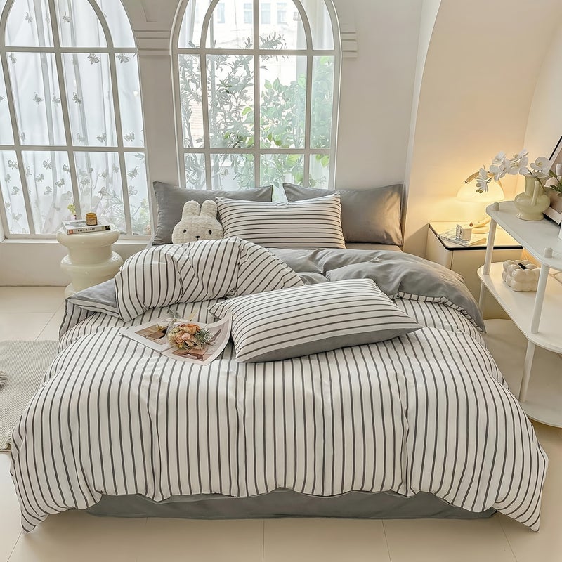 3pcs Minimalist Style, Three-Piece Set, Duvet Cover And Pillowcases Are Printed with Stripes And Plaid Patterns, Soft And Delicate, Breathable And Sweat-Wicking, Easy And Elegant, Machine Washable, Fashionable New Style, Cool And Breathable - Image 3