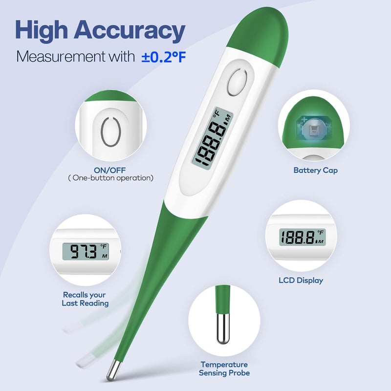 مقياس حرارة فموي بونكير 10 ثوانٍ للبالغين والأطفال - مقياس حرارة مستقيمي دقيق وآمن للرضع مع إنذار الحمى، مقياس حرارة رقمي مؤهل لـ FSA HSA (أخضر داكن) - Image 3