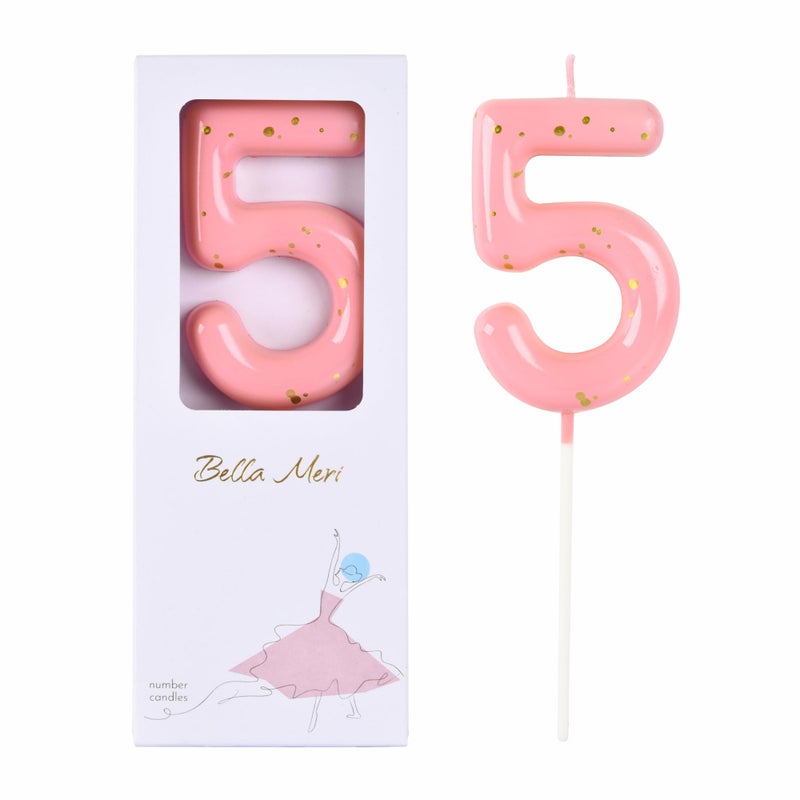 Bella Meri شموع عيد ميلاد بيلا ميري الكلاسيكية باللونين الوردي والذهبي، مقاس 2.76 بوصة، تحمل الرقم 5، شموع ذهبية بأرقام، شموع أرقام الكيك، شموع احتفالات الحفلات - Image 1