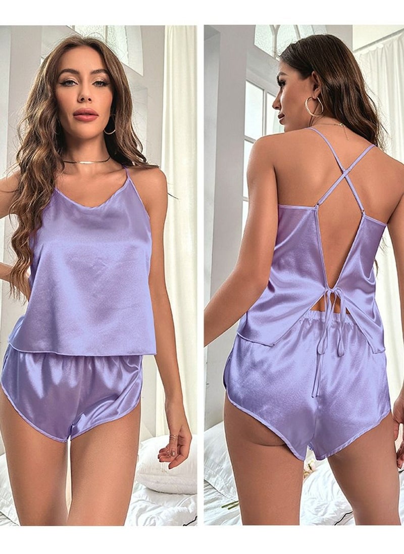 Loquat - Women's Solid Color 2-Piece Set Nightgown Sleepwear camisole Tops And Shorts Soft Loungewear Pajamas  Suit Purple - Image 1