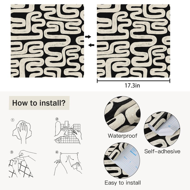 Micpolo Black and Cream White Peel and Stick Wallpaper Modern Geometric Self-Adhesive Removable Contact Paper Thicken Waterproof Easy to Clean Decorative Wall Paper for Bedroom Bathroom 17.3in x 394in - Image 3