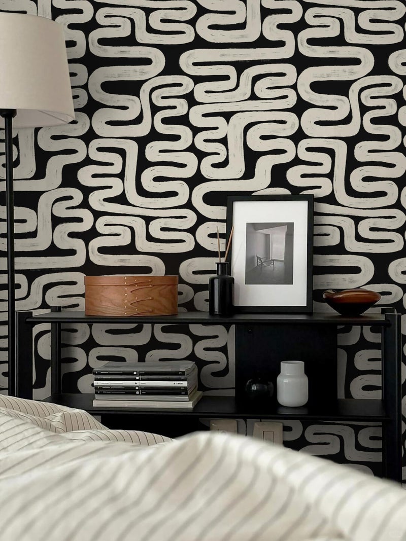 Micpolo Black and Cream White Peel and Stick Wallpaper Modern Geometric Self-Adhesive Removable Contact Paper Thicken Waterproof Easy to Clean Decorative Wall Paper for Bedroom Bathroom 17.3in x 394in - Image 2
