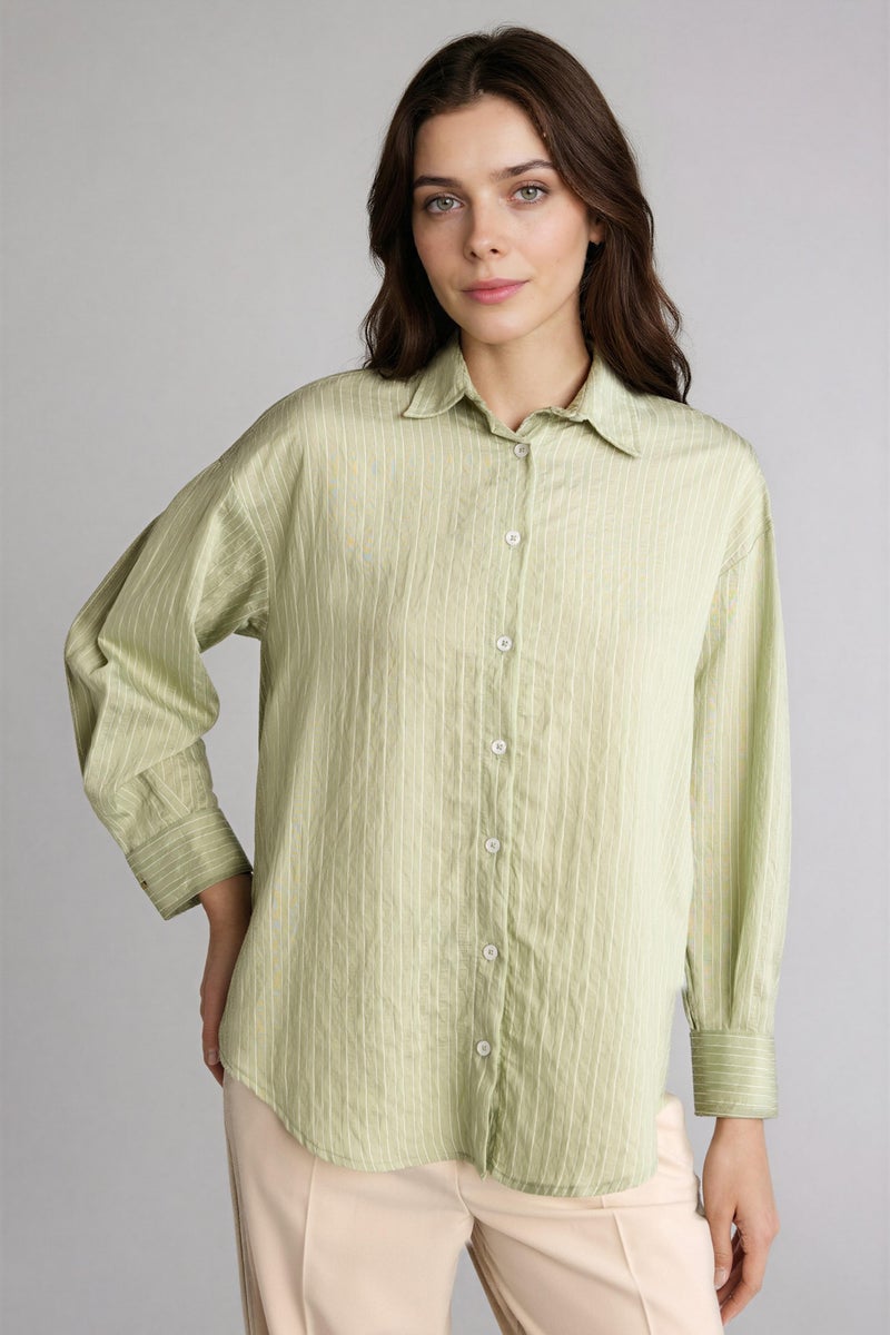 DeFacto Green Woman Regular Fit Woven Striped Long Sleeve Tunic Casual - Image 2