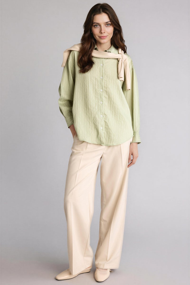 DeFacto Green Woman Regular Fit Woven Striped Long Sleeve Tunic Casual - Image 3