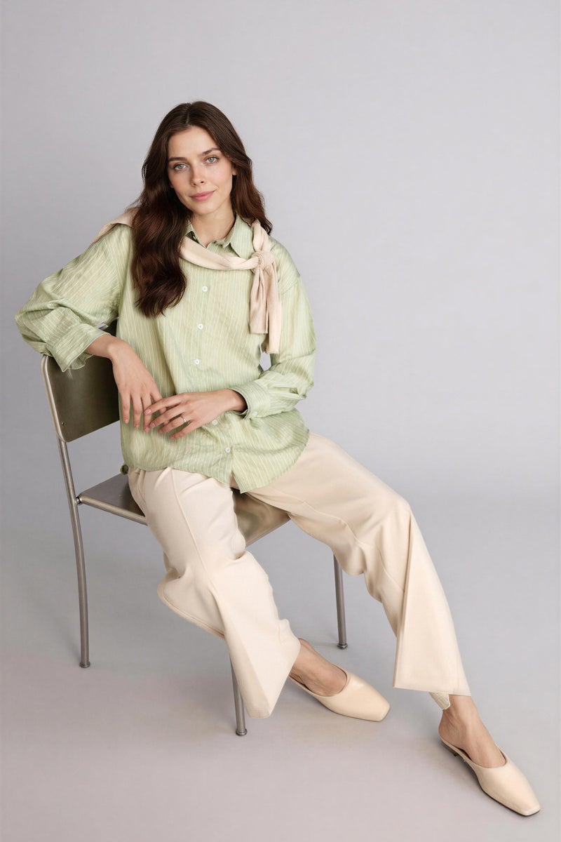 DeFacto Green Woman Regular Fit Woven Striped Long Sleeve Tunic Casual - Image 1