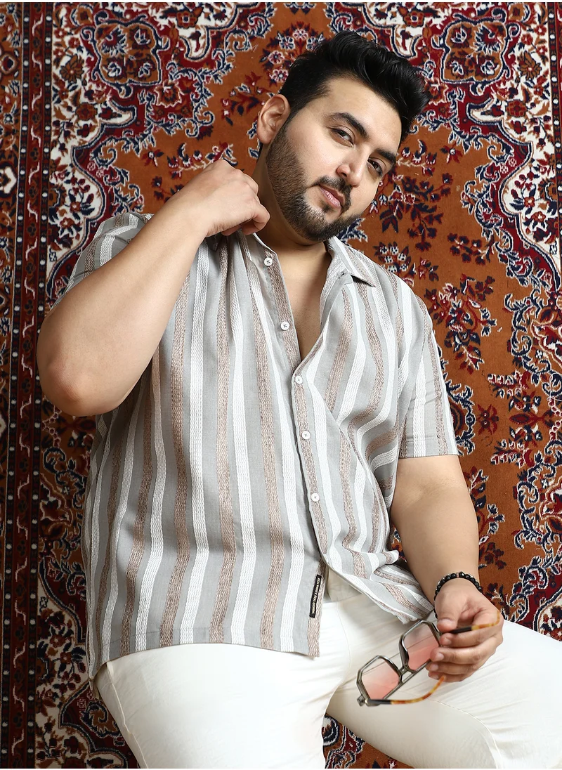 Instafab Plus Instafab Plus Men's Coin Grey Tactile Candy-Stripe Cuban Shirt For Casual Wear | Cuban Collar | Short Regular Sleeves | Button Closure | Plus Size Shirt Crafted With Comfort Fit For Everyday Wear