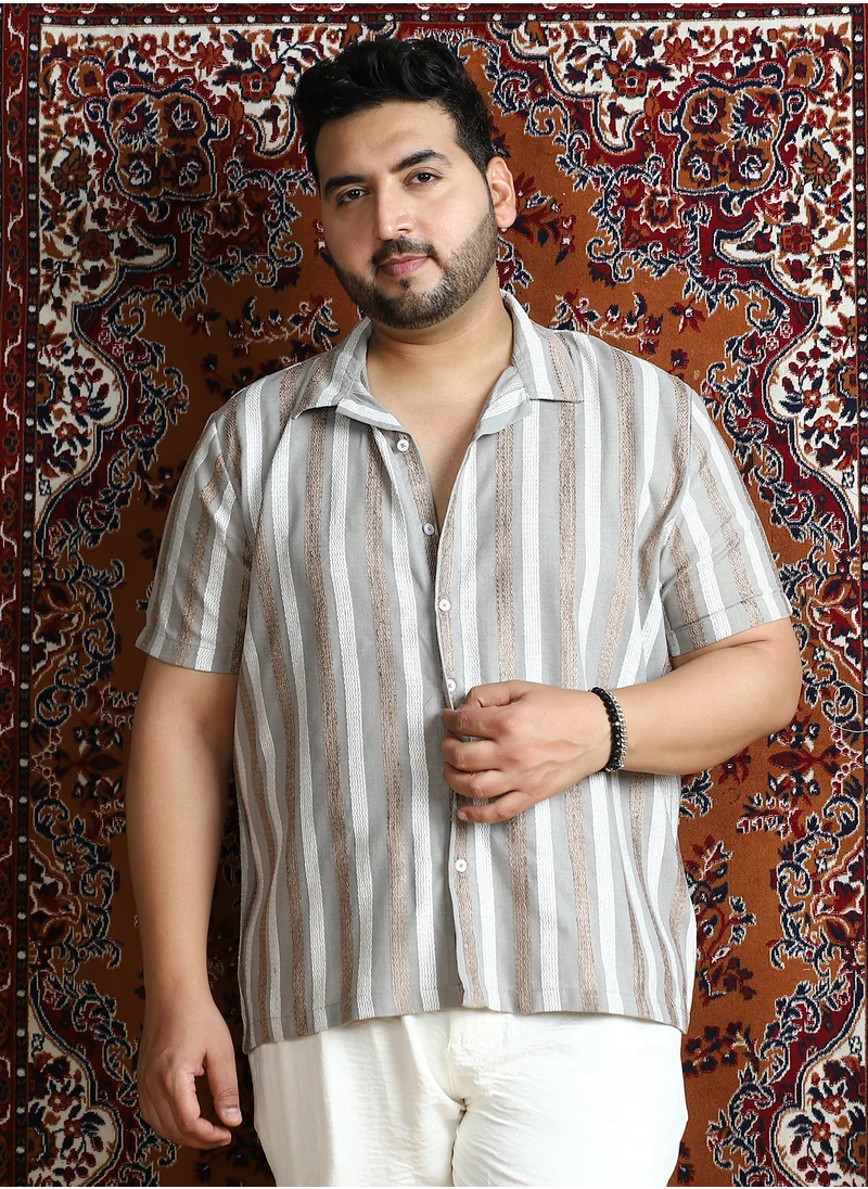 Instafab Plus Instafab Plus Men's Coin Grey Tactile Candy-Stripe Cuban Shirt For Casual Wear | Cuban Collar | Short Regular Sleeves | Button Closure | Plus Size Shirt Crafted With Comfort Fit For Everyday Wear
