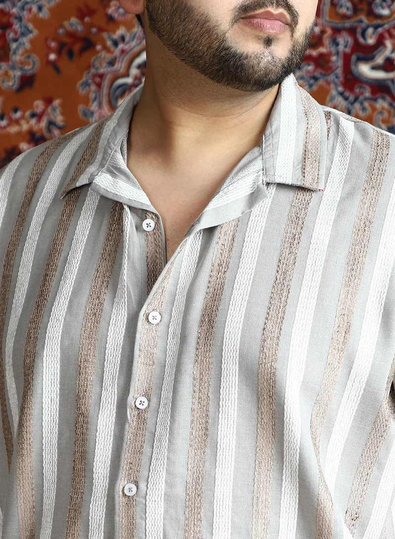 Instafab Plus Instafab Plus Men's Coin Grey Tactile Candy-Stripe Cuban Shirt For Casual Wear | Cuban Collar | Short Regular Sleeves | Button Closure | Plus Size Shirt Crafted With Comfort Fit For Everyday Wear