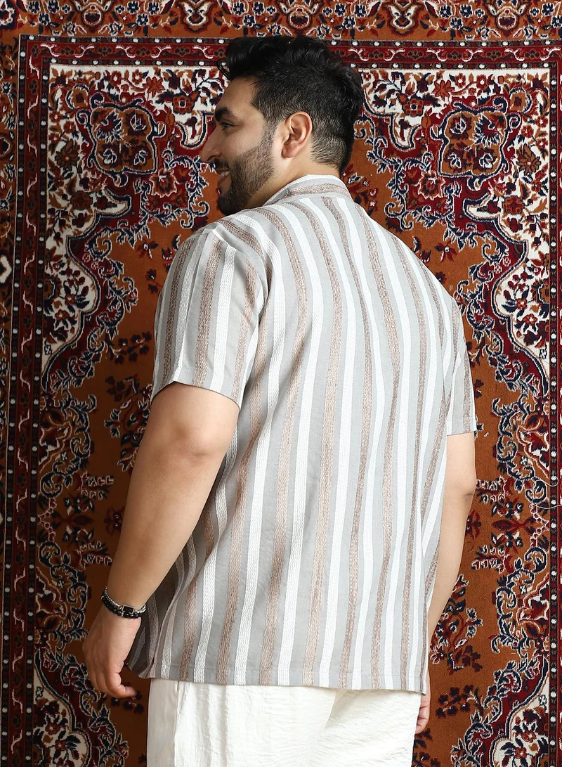 Instafab Plus Instafab Plus Men's Coin Grey Tactile Candy-Stripe Cuban Shirt For Casual Wear | Cuban Collar | Short Regular Sleeves | Button Closure | Plus Size Shirt Crafted With Comfort Fit For Everyday Wear