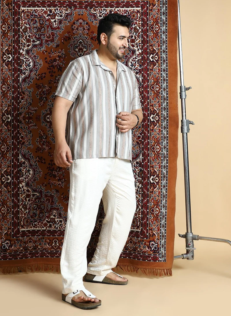 Instafab Plus Instafab Plus Men's Coin Grey Tactile Candy-Stripe Cuban Shirt For Casual Wear | Cuban Collar | Short Regular Sleeves | Button Closure | Plus Size Shirt Crafted With Comfort Fit For Everyday Wear