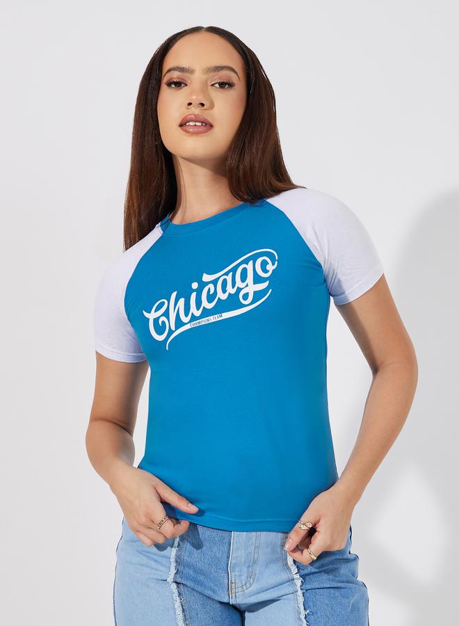Styli Cotton Stretch Color Block Chicago Slogan Fitted T-Shirt  - Image 1