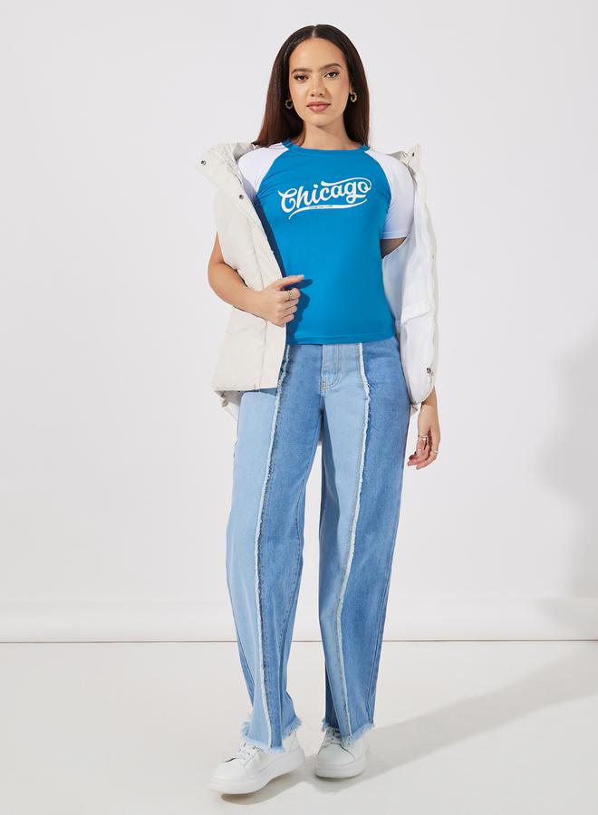 Styli Cotton Stretch Color Block Chicago Slogan Fitted T-Shirt  - Image 2