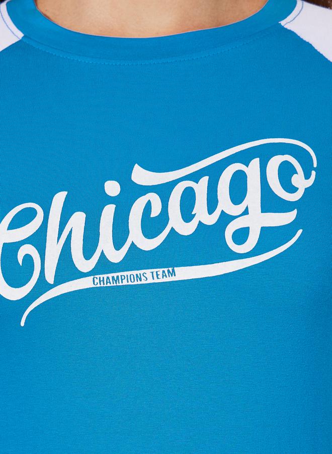 Styli Cotton Stretch Color Block Chicago Slogan Fitted T-Shirt  - Image 3