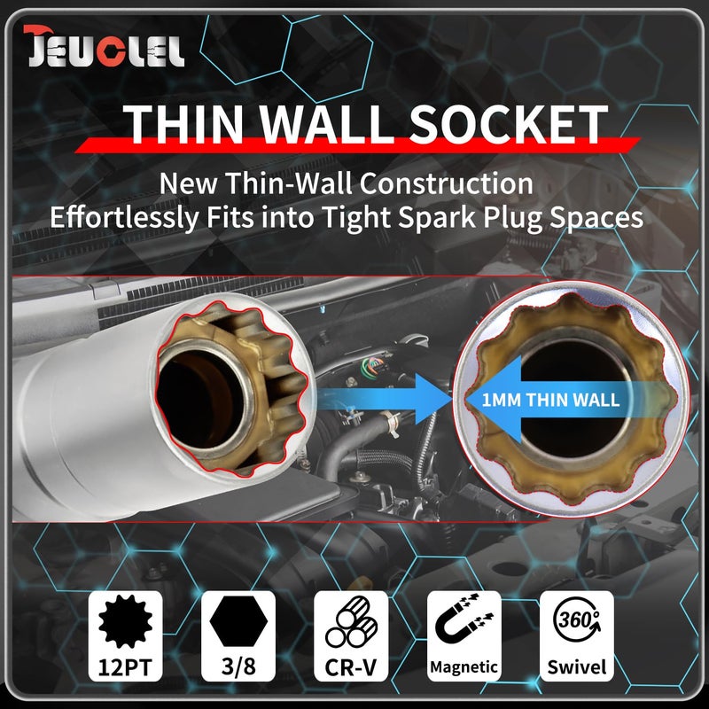 JEUCLEL مجموعة JEUCLEL 7 قطع مقبس شمعات احتراق دوار مغناطيسي بحجم 3/8 بوصة، مقبس شمعات احتراق مغناطيسي بزاوية 12 نقطة بحجم 9.5 مم، أداة إزالة مقبس جدران رقيقة متوافقة مع السيارات وSUV والدراجات النارية - Image 5