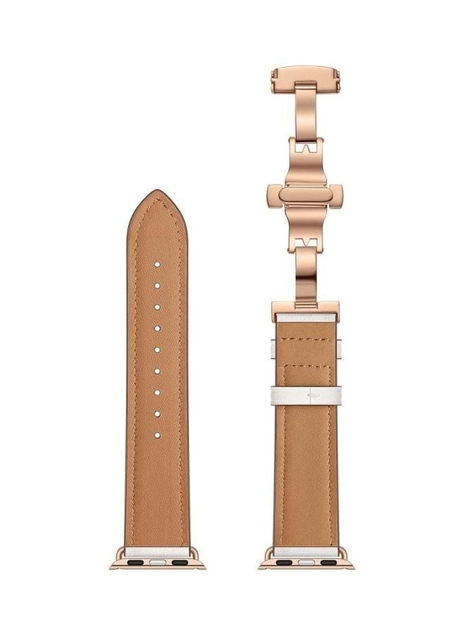 NIBEMINENT - Genuine Leather and Butterfly Rose Gold Buckle Replacement Watchbands For Apple Watch Series 7/6/SE/5/4/3/2/1 42/44/45mm White - Image 1