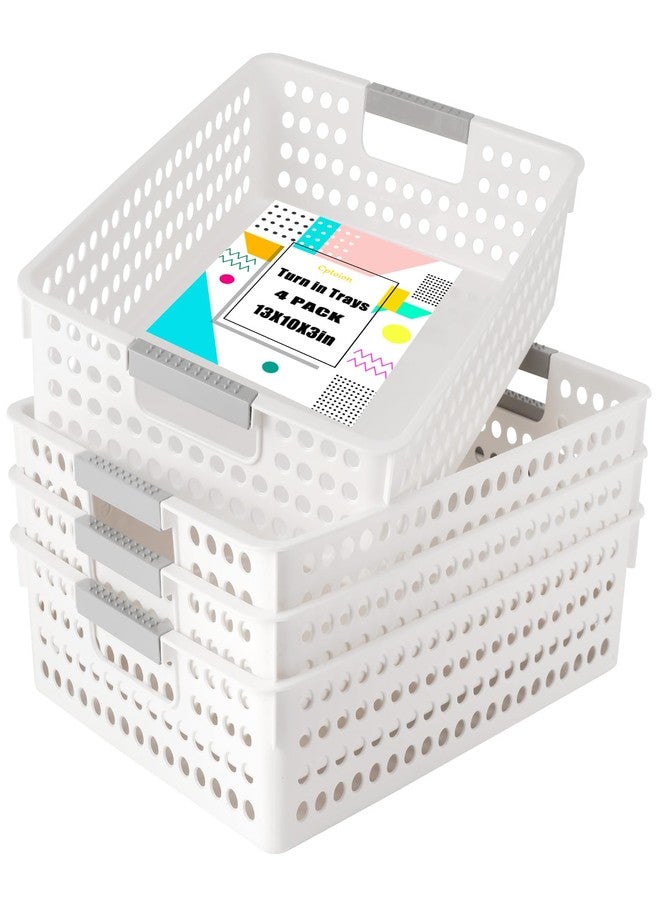 Cptoion 4 Pack A4 Size Plastic Storage Baskets, Desktop File Organizer Tray with Grip Handles, Classroom Turn in Trays for Office, Home, Drawers (White) - Image 1