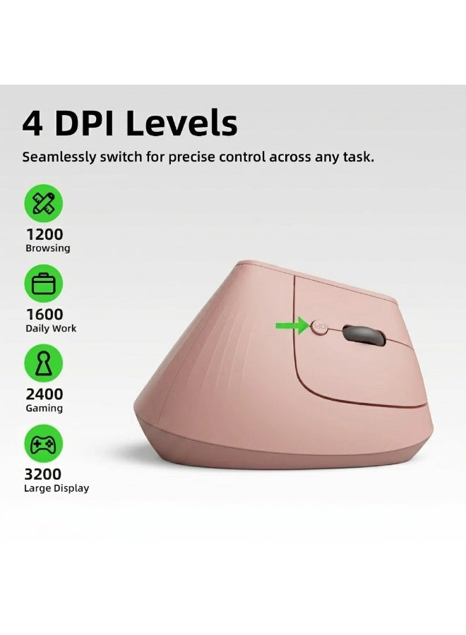 GOOJODOQ Wireless Ergonomic Vertical Mouse, Bluetooth 5.0 & 2.4GHz, 4 Adjustable DPI, Pink - Image 3