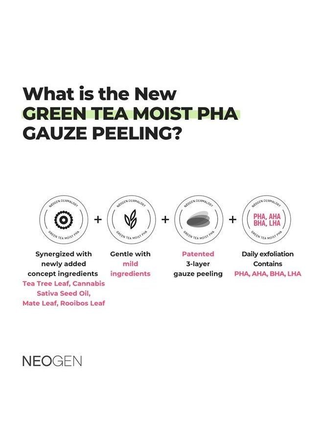 DERMALOGY by NEOGENLAB Green Tea Moist PHA Gauze Peeling Pads (30 pads) - Exfoliating & Soothing Peeling Pad with AHA, BHA, PHA, LHA & Green Tea & Hyaluronic Acid - Korean Skin Care  - Image 2