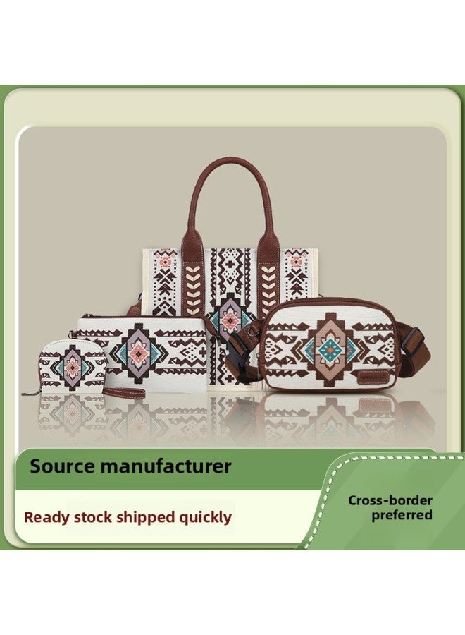 2025 Bohemian Style Four-piece Women's Tote Bag Tassel Bag Suitable For Work And Commuter-Color:Turquoise Green-Size:27*8*36  - Image 2