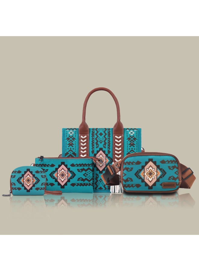 2025 Bohemian Style Four-piece Women's Tote Bag Tassel Bag Suitable For Work And Commuter-Color:Turquoise Green-Size:27*8*36  - Image 1