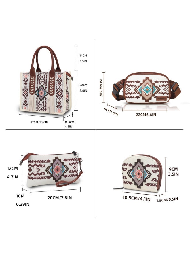 2025 Bohemian Style Four-piece Women's Tote Bag Tassel Bag Suitable For Work And Commuter-Color:Turquoise Green-Size:27*8*36  - Image 4