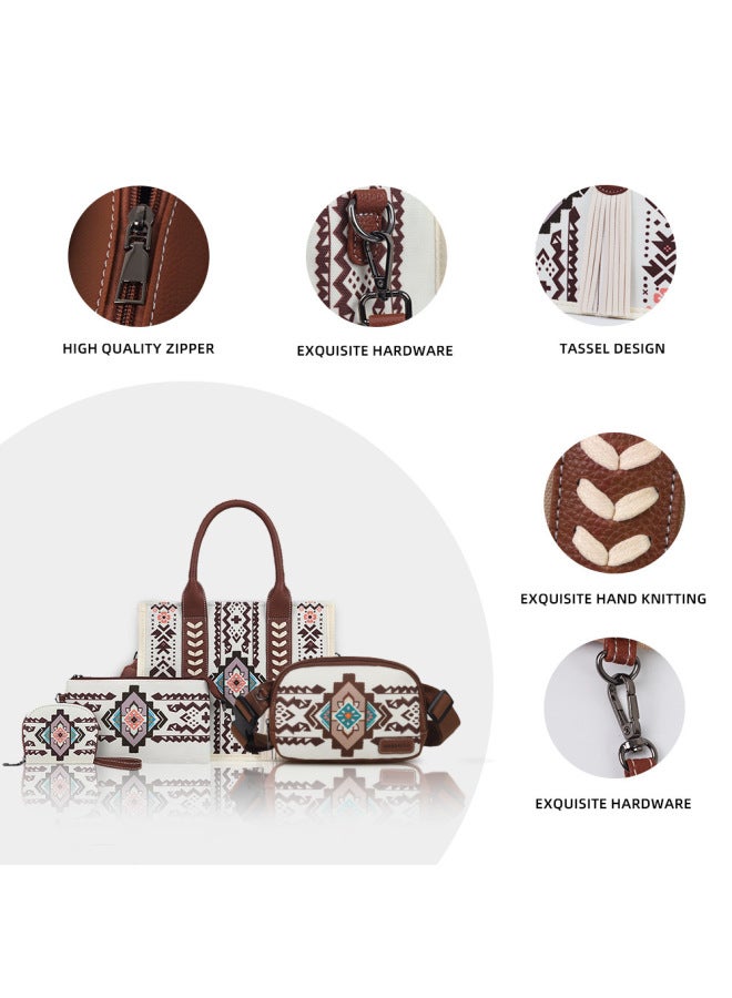 2025 Bohemian Style Four-piece Women's Tote Bag Tassel Bag Suitable For Work And Commuter-Color:Turquoise Green-Size:27*8*36  - Image 3