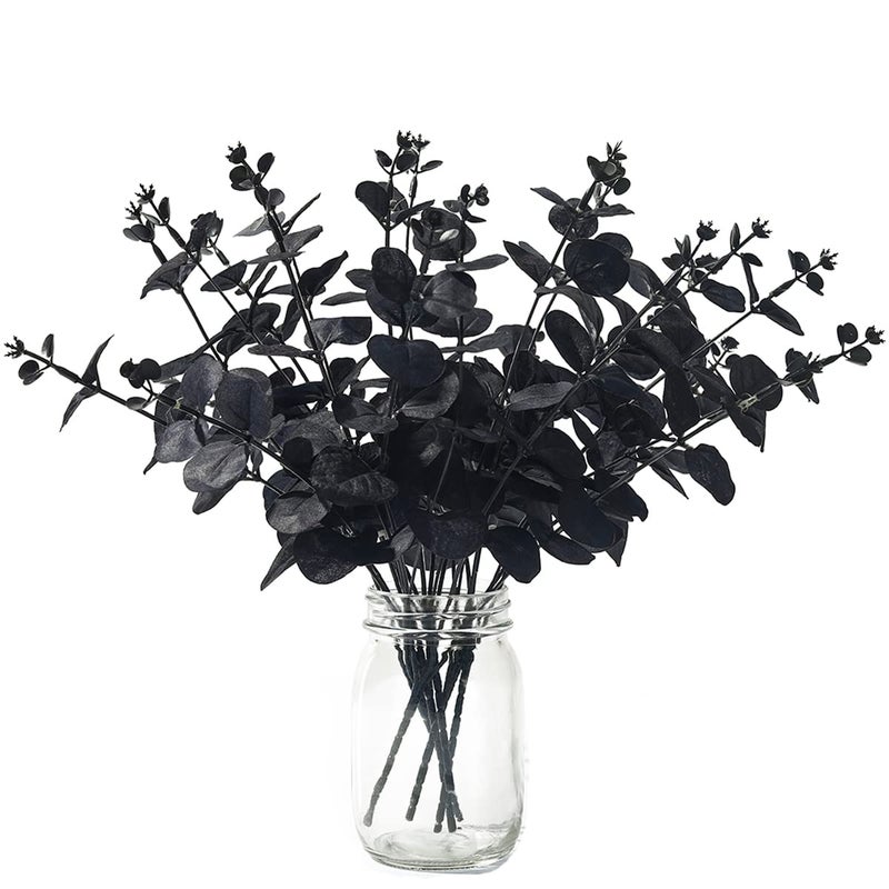 Artificial Eucalyptus Stems Black Leaves Branches Halloween Black Flowers Decoration Gothic Bathroom Table Home Farmhouse Aesthetic Decor 14 6 Pcs
