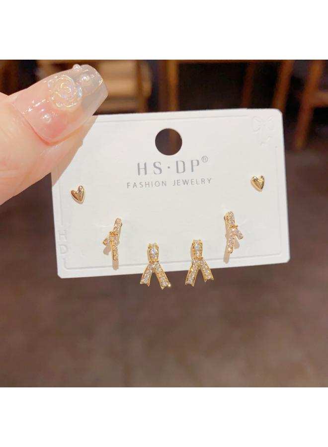 S925 Silver Needle Micro Inlaid Zircon Short Earrings Short Hair Earrings And Korean Elegant All-match Simple Three-piece Set Earrings For Women 