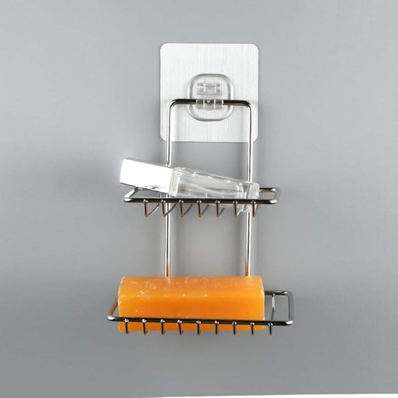 Riviox Wall Mounted Double Layer Soap Dish Holder - Stainless Steel Rack with Self-Adhesive Magic Sticker for Kitchen & Bathroom - Image 4