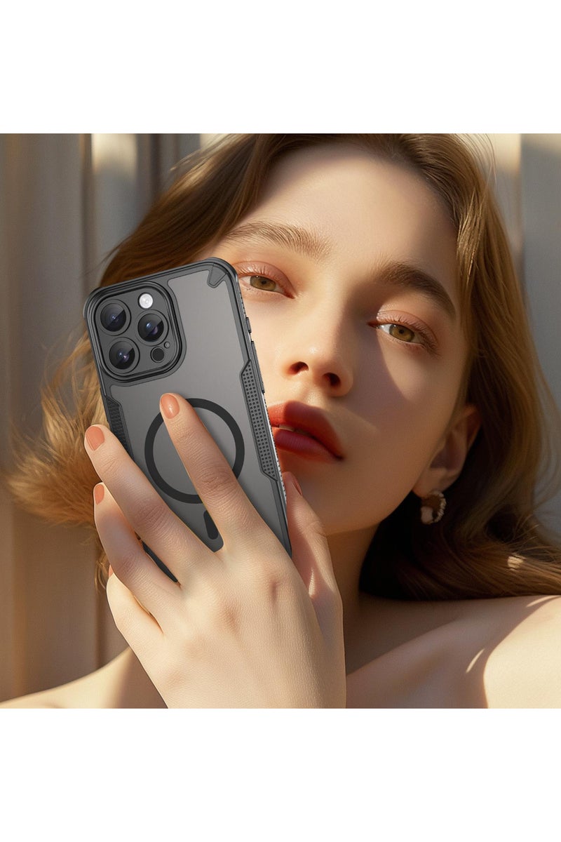 Cover For iPhone 16 Pro Max Armor Glaze MagSafe Magnetic Phone Case Raised edges around the screen and camera lens help prevent scratches - Black - Image 2