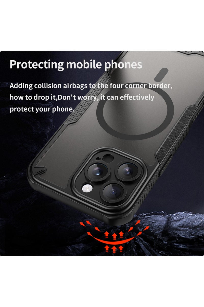 Cover For iPhone 16 Pro Max Armor Glaze MagSafe Magnetic Phone Case Raised edges around the screen and camera lens help prevent scratches - Black - Image 3