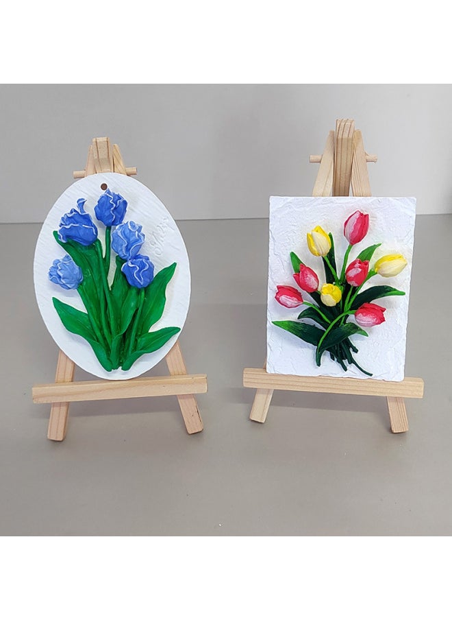 null - Lily Plaster Doll Painted White Embryo Diy Handmade Graffiti Tulip Three-dimensional Relief Painting Activity Group Building-Color:2 Flower Sign Combinations (lily + Oval Tulips) + 2 Wooden Frames + 1 Set Of 12 Colors Of Paint - Image 1