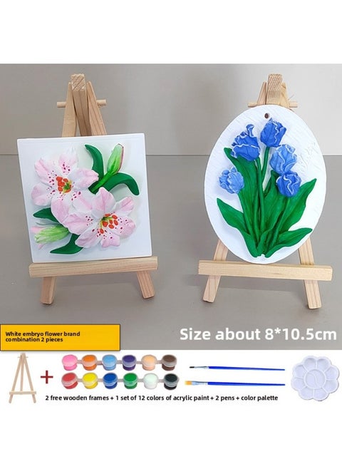 Lily Plaster Doll Painted White Embryo Diy Handmade Graffiti Tulip Three-dimensional Relief Painting Activity Group Building-Color:2 Flower Sign Combinations (lily + Oval Tulips) + 2 Wooden Frames + 1 Set Of 12 Colors Of Paint
