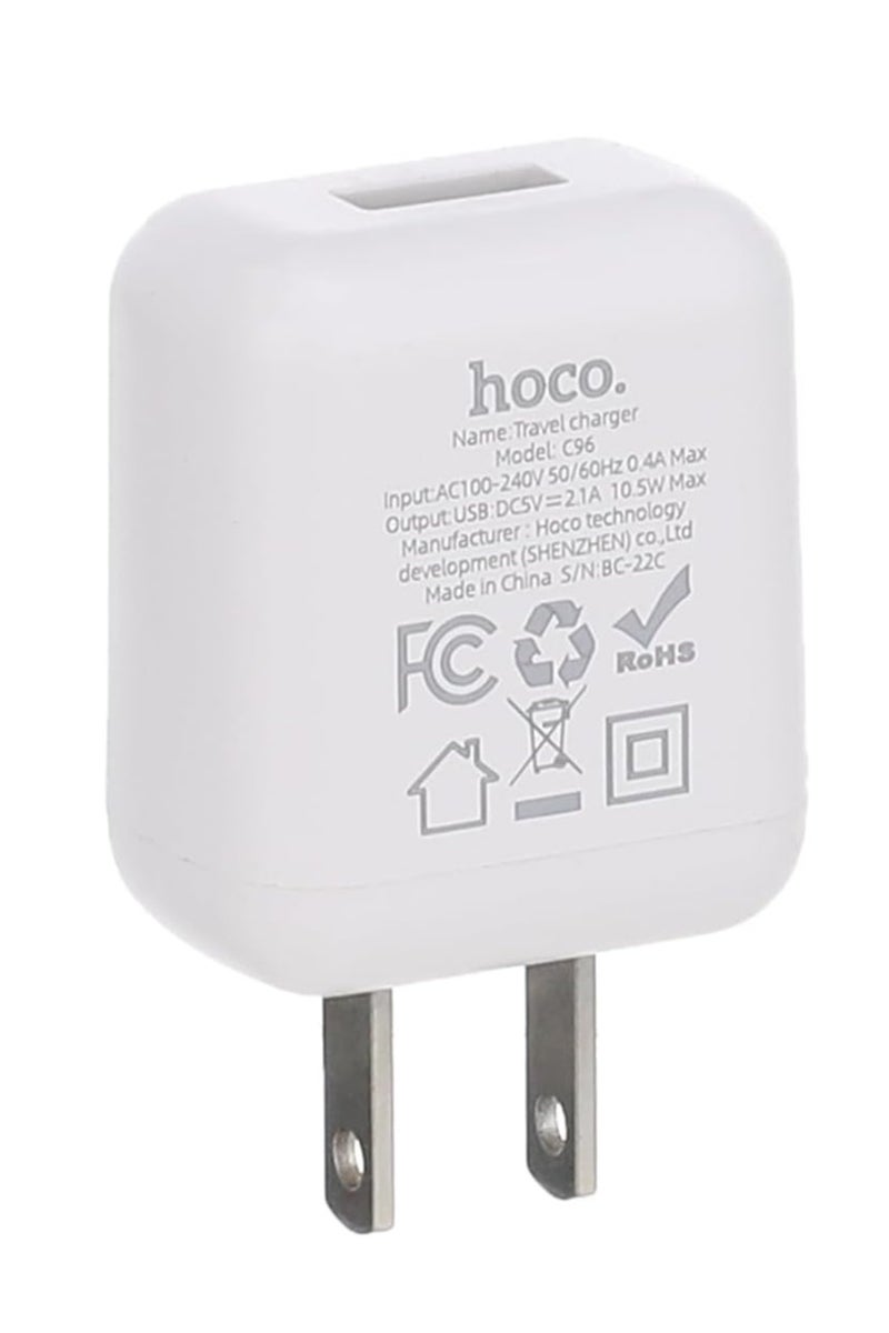 Hoco C96 Wall charger Single Port ( 5V/2.1A ) US Plug Protocols Compatible with iPhone Samsung Xiaomi Oppo Huawei - White - Image 1