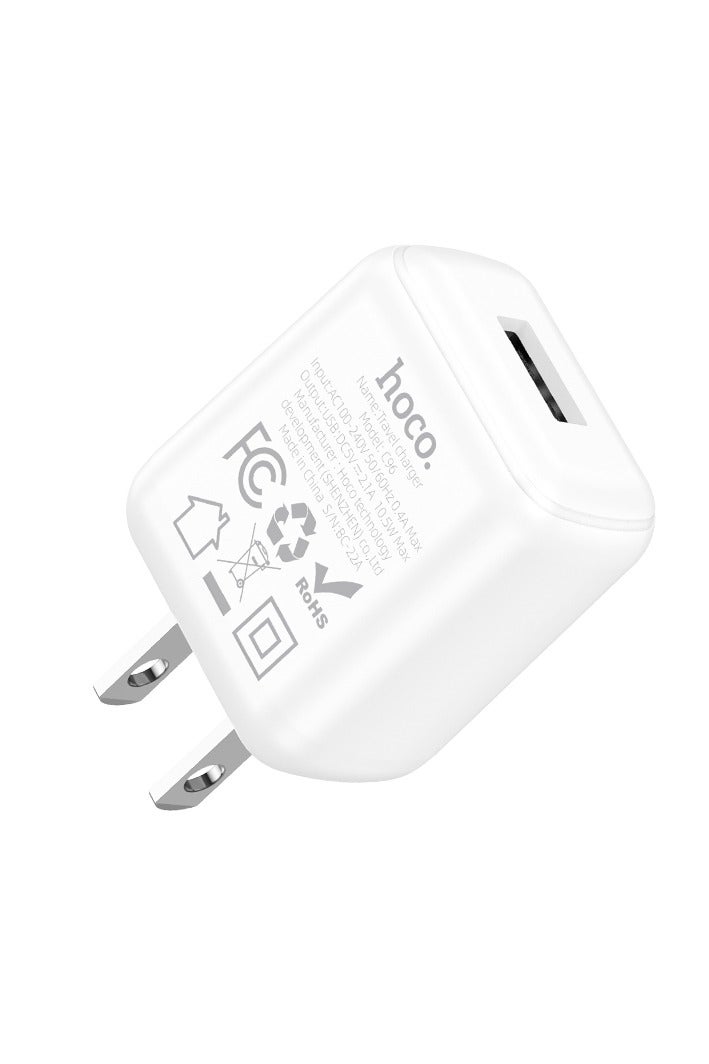 Hoco C96 Wall charger Single Port ( 5V/2.1A ) US Plug Protocols Compatible with iPhone Samsung Xiaomi Oppo Huawei - White - Image 2