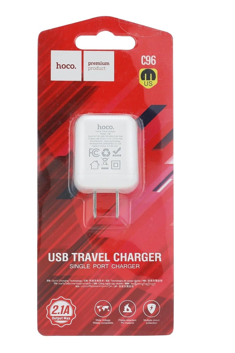 Hoco C96 Wall charger Single Port ( 5V/2.1A ) US Plug Protocols Compatible with iPhone Samsung Xiaomi Oppo Huawei - White - Image 4