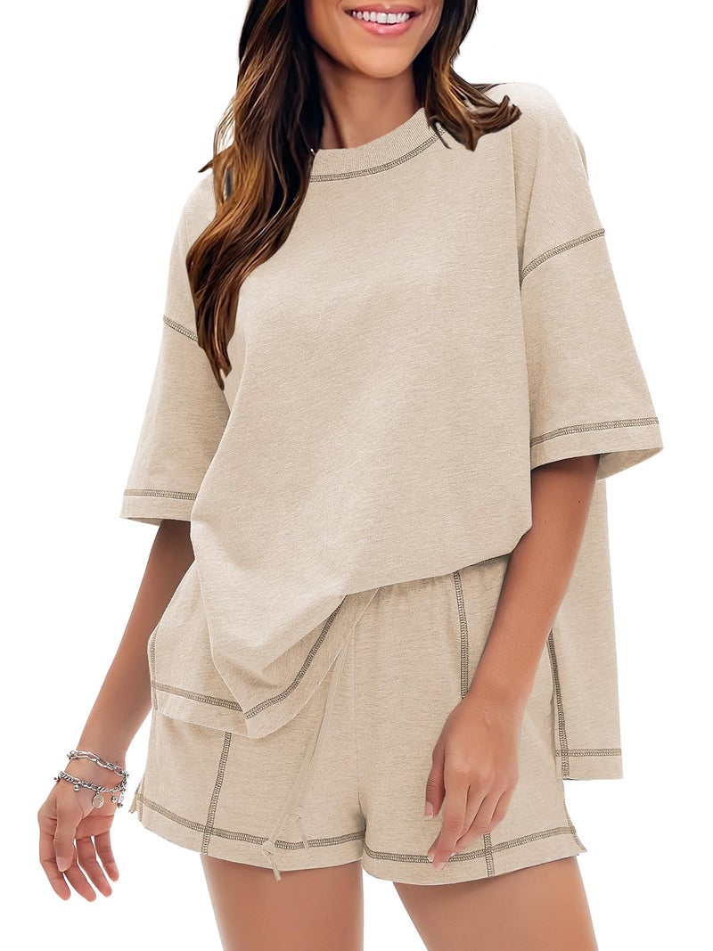 EXLURA Women's Casual Summer 2 Piece Sets 100% Cotton Short Sleeve Tshirt and Shorts Matching Sweatsuits Lounge Set 2026 - Image 1