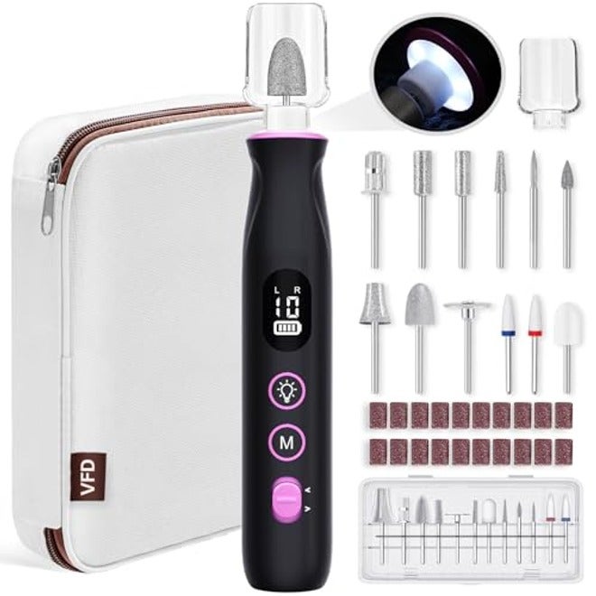 Cordless Electric Nail Drill 2000mAh Rechargeable Portable Nail File Kit with 12 Bits, 10 Speeds, Professional Manicure & Pedicure Tool for Natural Nails, White
