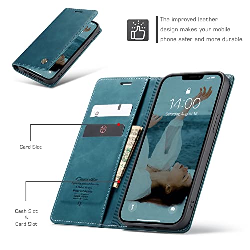 Cracedily for iPhone 13 Pro Case, Flip Wallet Leather Case with Card Holder Magnetic Closure Shockproof Kickstand Protective Phone Cases Cover for iPhone 13 Pro, Blue-Green - Image 2