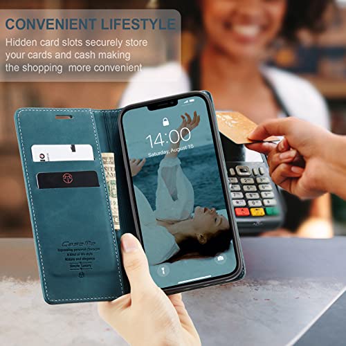 Cracedily for iPhone 13 Pro Case, Flip Wallet Leather Case with Card Holder Magnetic Closure Shockproof Kickstand Protective Phone Cases Cover for iPhone 13 Pro, Blue-Green - Image 4