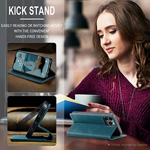 Cracedily for iPhone 13 Pro Case, Flip Wallet Leather Case with Card Holder Magnetic Closure Shockproof Kickstand Protective Phone Cases Cover for iPhone 13 Pro, Blue-Green - Image 5